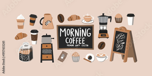 A colorful flat lay illustration featuring various coffee drinks and related items