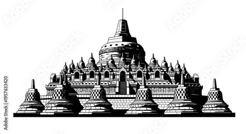 Detailed Black and White Illustration of Borobudur Temple, Indonesia.