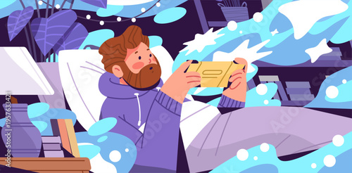 Man with beard play on portable video gaming console while lying in bed illustration