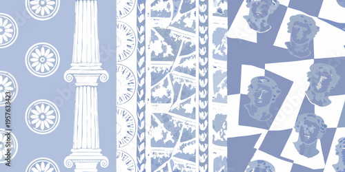 Blue and white neoclassical patterns featuring busts and architectural elements