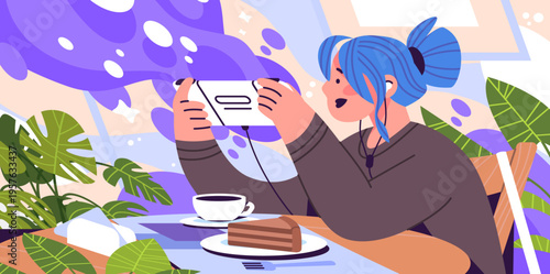 Modern young woman plays on portable gaming console in cafe table simple illustration