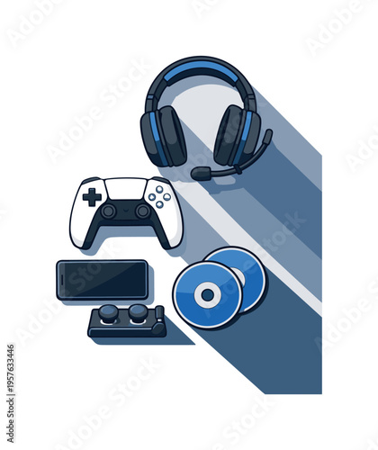Refined contemporary gaming session essentials concept with essential controller headset and accessories subtly offset and