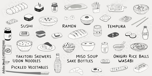 A collection of hand drawn japanese food items including sushi ramen and more