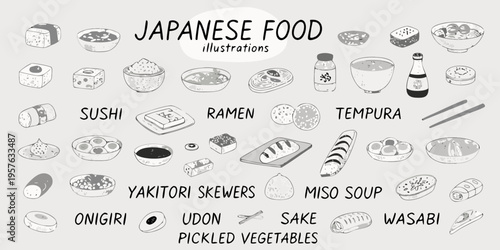 Variety of japanese cuisine illustrations including sushi ramen and tempura