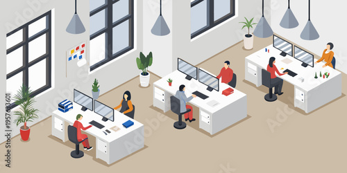 Isometric illustration of a modern office space with employees working