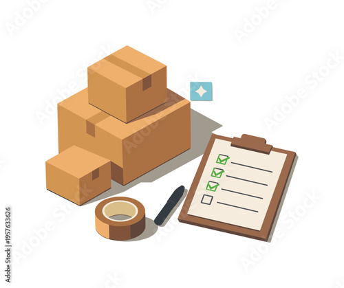 Minimal moving house packing concept with cardboard boxes tape roll marker and checklist loosely arranged seen from a top-down