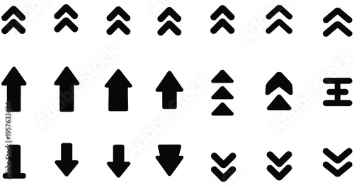 Arrow, up vector icon collection with black upward direction symbols, simple navigation pointers and chevron elements, clean modern flat vector design