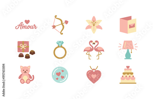 Amour sign icon, golden bow cupid weapon, fragrant lily blossom, folded greeting postcard, artisan praline box, gemstone wedding