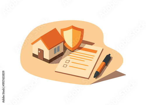 Minimalist Home Insurance. Home insurance concept with simple house model shield document and pen arranged neatly seen from