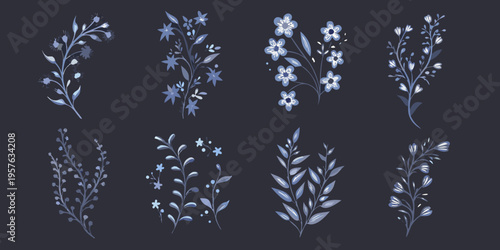 Delicate floral arrangements in shades of blue and indigo botanical illustration