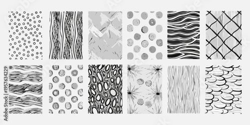 Variety of abstract black and white textured patterns arranged in a grid