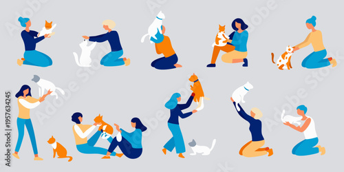 People interacting with cats in a colorful minimalist illustration style