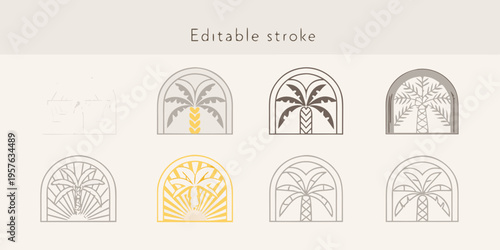 Set of arched window frames with palm tree designs and editable strokes