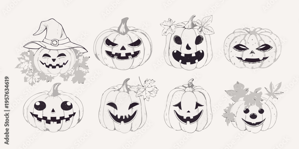 Fototapeta premium Hand drawn halloween pumpkins and a witch s hat in black and white