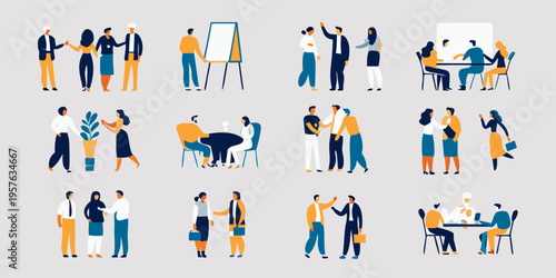 Diverse group of people interacting in various professional business settings