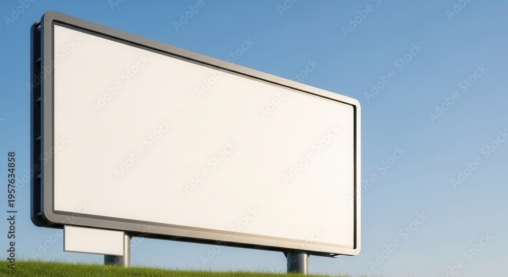 Fototapeta premium Blank Outdoor Billboard Under A Vast Blue Sky With Green Grass Below