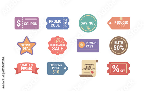 Money saving coupon card, promotional code voucher, retail savings badge, reduced cost label, special deal emblem, celebration