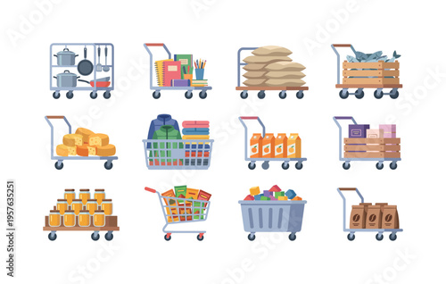 Store aisle rolling container with kitchenware set, retail floor push trolley with school supplies, bulk goods warehouse carrier