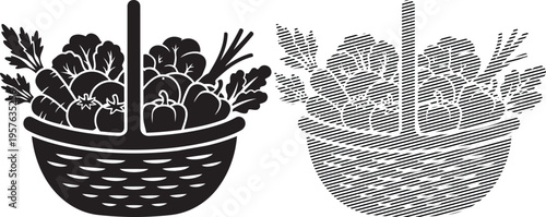 Two intricately woven baskets filled with fresh vegetables and herbs