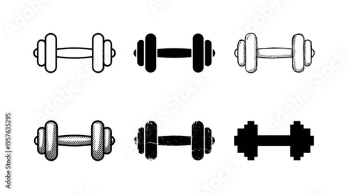 Collection of six different dumbbell icons in various styles for fitness and exercise
