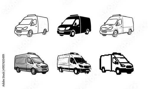 Collection of diverse ambulance van illustrations in various artistic styles