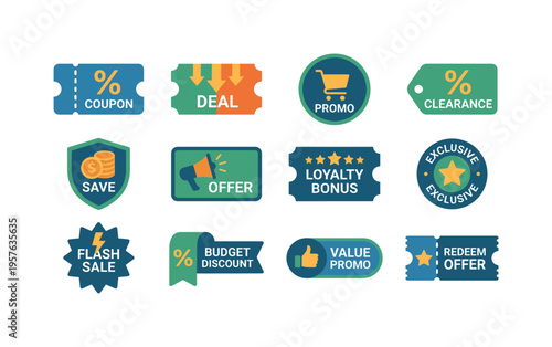 Retail coupon certificate, deal reduction voucher, shopping promotion badge, clearance markdown tag, cost saving emblem, campaign