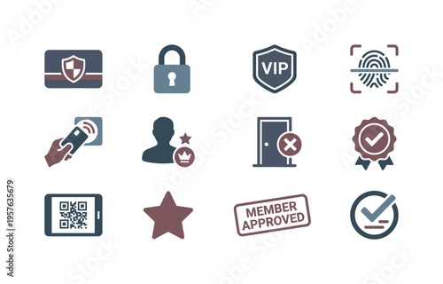 Membership card with shield, secure access lock icon, VIP badge emblem, fingerprint entry scanner, keycard tap reader, premium