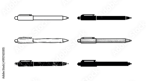 Collection of six different pen illustrations in various styles and techniques