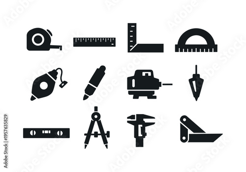 Solid vector icons of measuring and marking tools: tape measure, ruler, square, protractor, chalk line, marking pen, laser level,
