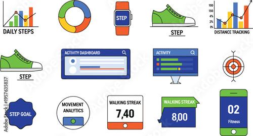 Fitness tracking and physical activity icons set, flat vector illustrations of daily steps, walking streak, distance monitoring and movement analytics isolated on white