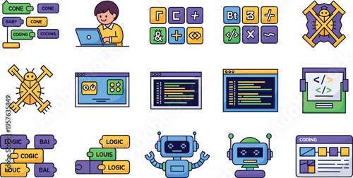 Coding for kids and artificial intelligence programming icon set