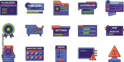 Gaming interface and player achievement status icon set