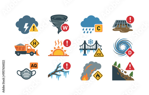 Storm cloud flash with alert triangle, twister funnel with warning badge, heavy shower cloud with caution emblem, overflowing