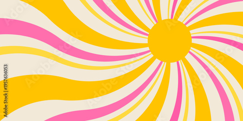 Abstract sun background. Groovy retro sunburst background with orange, pink, yellow wavy, wiggly sun rays. Vector illustration for summer poster, banner, flyer, cover, template