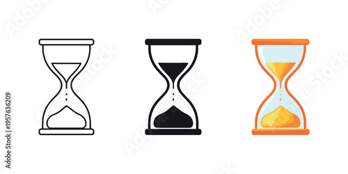 Three hourglass icons showing different styles of time measurement and sand flow