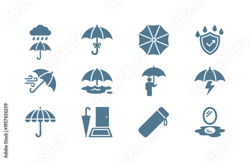 Rainfall cloud above open brolly, curved grip umbrella tied, canopy circle pattern view, droplets bouncing off shield, gust lines