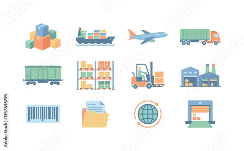 Freight cargo cubes stack, container vessel ship, jet freighter aircraft, commercial haul truck, goods railway carriage, inventory