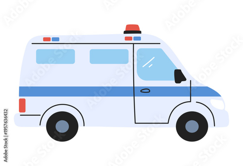 Police van vector for kids. Flat cartoon patrol vehicle isolated on white background for children and urban city safety.