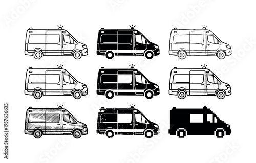Collection of diverse ambulance van illustrations in various artistic styles and formats