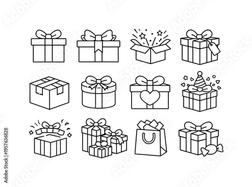 Line style vector icons of gift box: gift, box, present, package; ribbon, bow, tag, wrap; surprise, celebration, party, treat