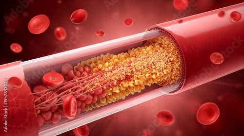 Blood vessel with fatty plaque buildup causing artery blockage medical concept