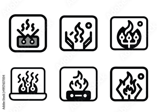 A set of icons representing fireplace or heating options in bold outlines