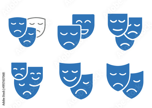 A set of six drama masks depicting happy and sad emotions on white background