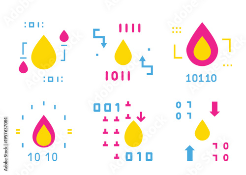 Binary Code Analysis with Water Droplets in Bright Yellow and Pink