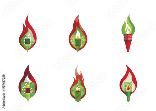 Conceptual Set of Technology Based Olympic Torch Logos with Green Circuits