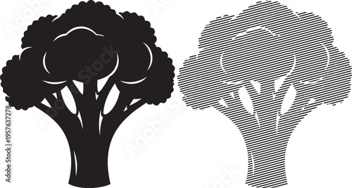 Contrasting visual styles of broccoli through black and white pixelated art representations