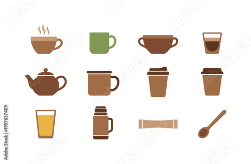 Latte cup with steam lines, green tea mug, drinking chocolate bowl, macchiato glass, oolong teapot vessel, enamel camping mug,