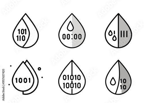 Set of water drop icons containing binary code and time measurement