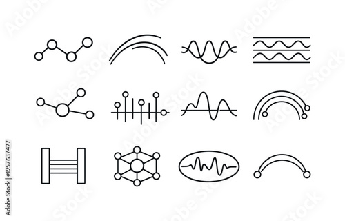 Line style vector icons of fragrance identity storytelling: rhythm node, variation arc, modulation line, phase band, signal node,