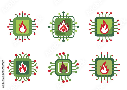 Six Isolated Illustration of Hot Computer CPU Microprocessors with Fire Graphic